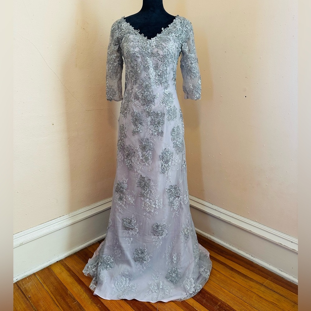 La Femme Silver Floral Lace Formal Dress